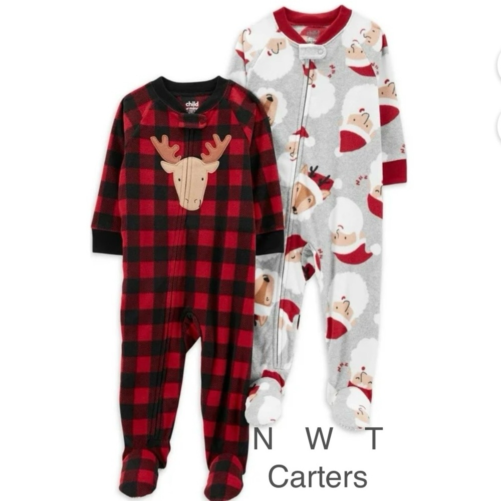 2T Carter’s Toddler Boys 2 pack Santa Fleece Christmas Footies Pajamas